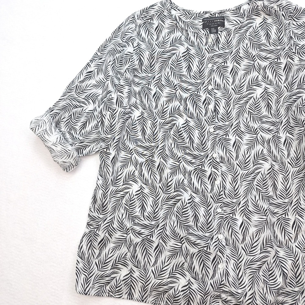 Tahari Top Womens 2X Black Palm Leaf Botanical 100% Linen Tunic European Flax - Picture 8 of 8